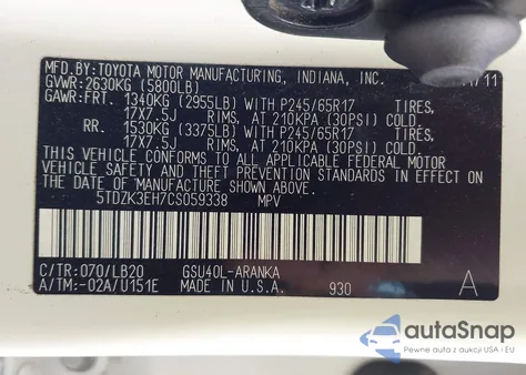 2012 Toyota Highlander Se V6 from USA, damaged, VIN 5TDZK3EH7CS059338